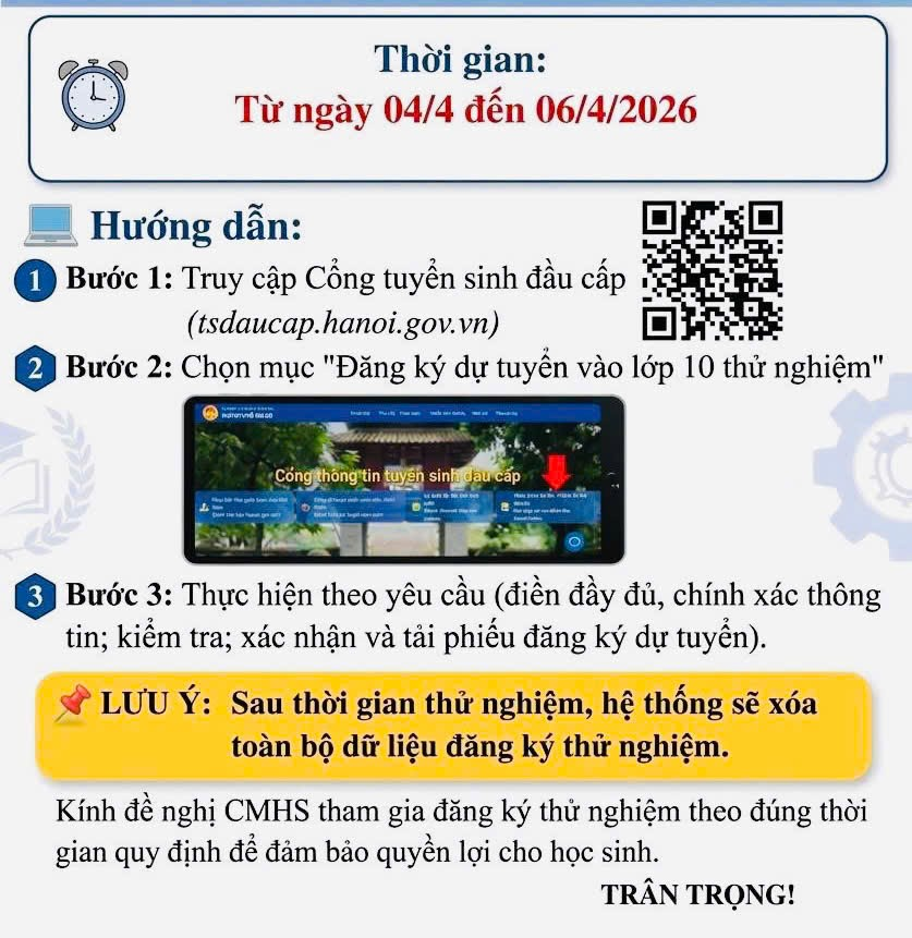 Kính gửi các bậc CMHS thông báo thời gian và hướng dẫn HS Khối 9 năm học 2025-2026 đăng kí thử nghiệm.