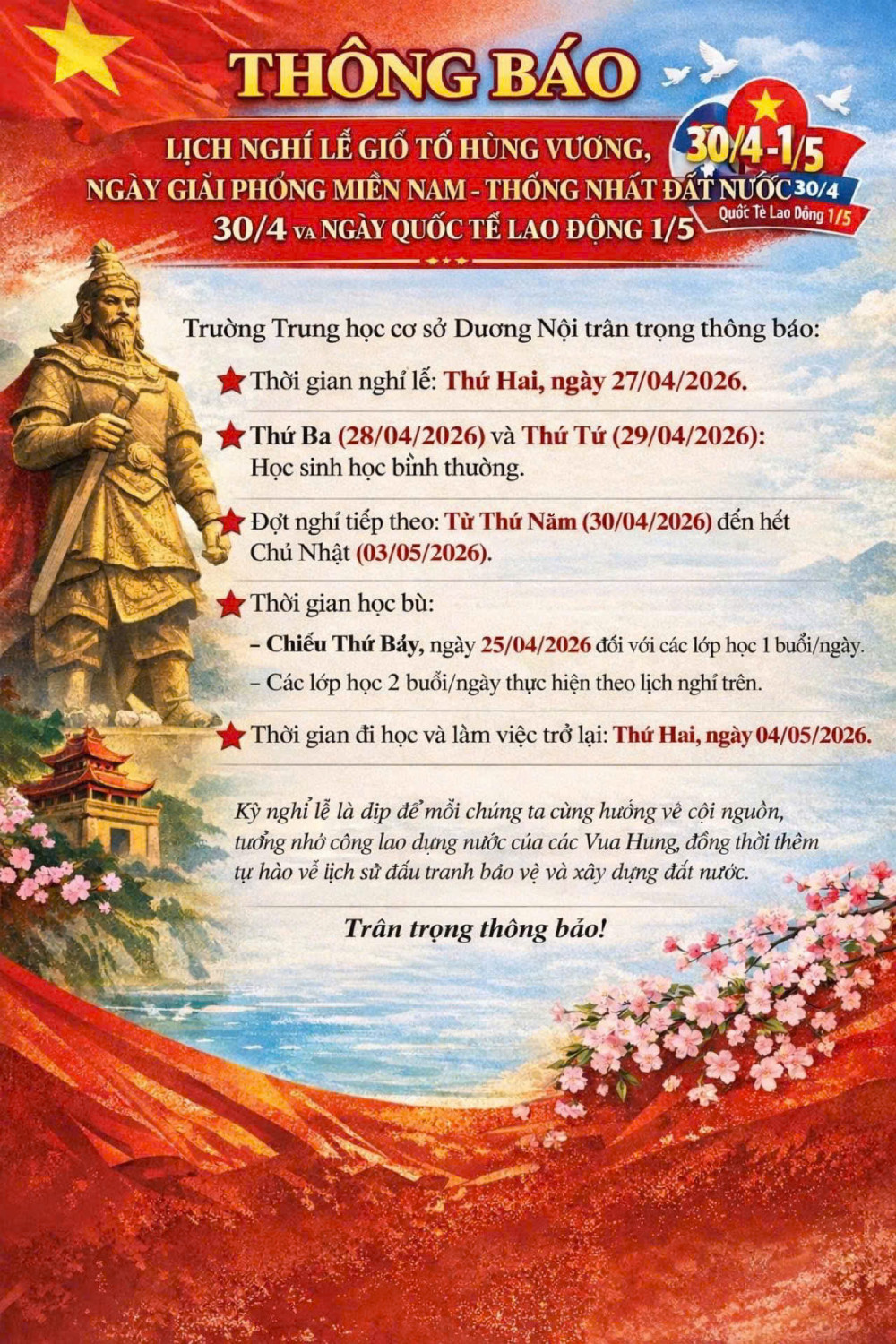 THÔNG BÁO LỊCH NGHỈ LỄ GIỖ TỔ HÙNG VƯƠNG, NGÀY GIẢI PHÓNG MIỀN NAM - THỐNG NHẤT ĐẤT NƯỚC 30/4 VÀ NGÀY QUỐC TẾ LAO ĐỘNG 1/5