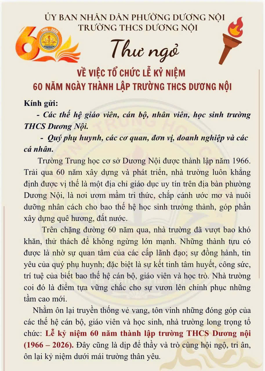 Thư ngỏ về việc tổ chức lễ kỉ niệm 60 năm ngày thành lập trường THCS Dương Nội