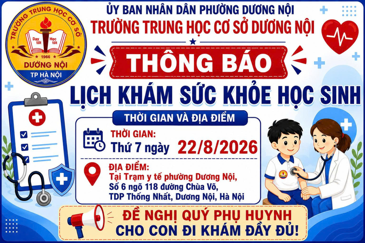 THÔNG BÁO LỊCH KHÁM SỨC KHỎE HỌC SINH  TRƯỜNG TRUNG HỌC CƠ SỞ DƯƠNG NỘI